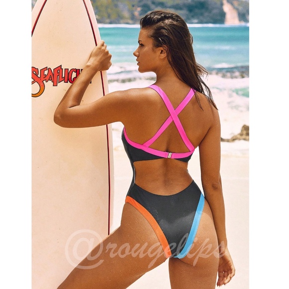 Black One Piece Criss Cross Monokini Swimsuit Multi-Color Trim - Picture 2 of 6